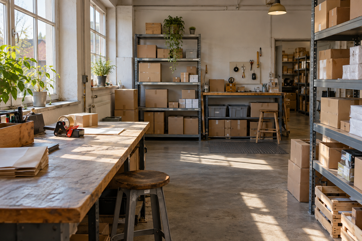 Ordentlicher Lager- und Arbeitsraum eines kleinen Handelsbetriebs